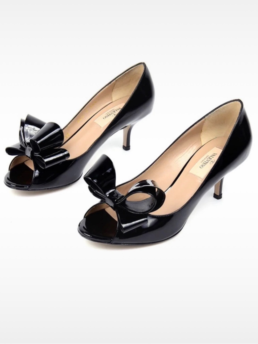 Valentino Garavani Black Patent Peep-Toe Bow Kitten Pumps